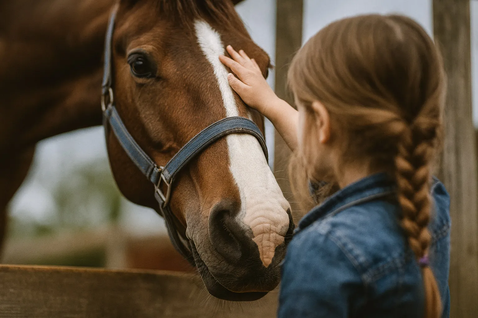 Kind streichelt ein Pferd